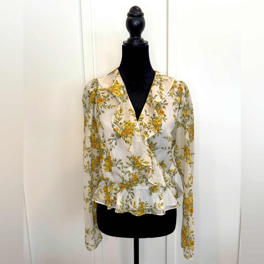 Henry Women's Floral Yellow White Ruffle Top Shirt Blouse Small S CT